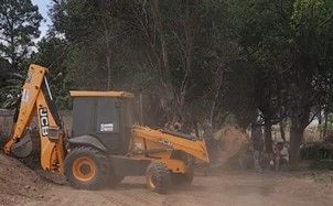 Retroexcavadora JCB amarilla cavando tierra cerca de los árboles.