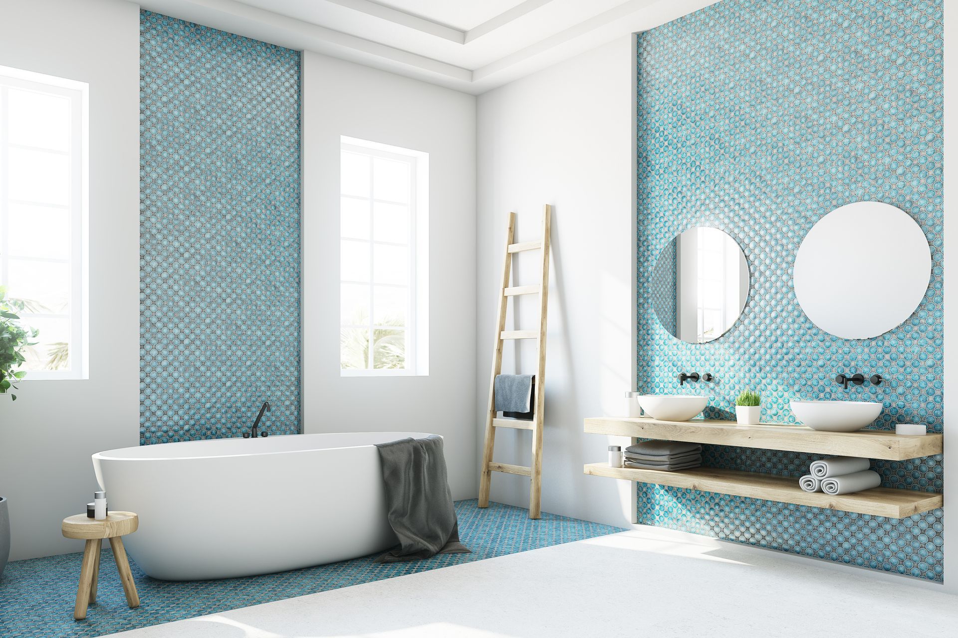 Salle de bains moderne avec murs d'accent en mosaïque bleue.