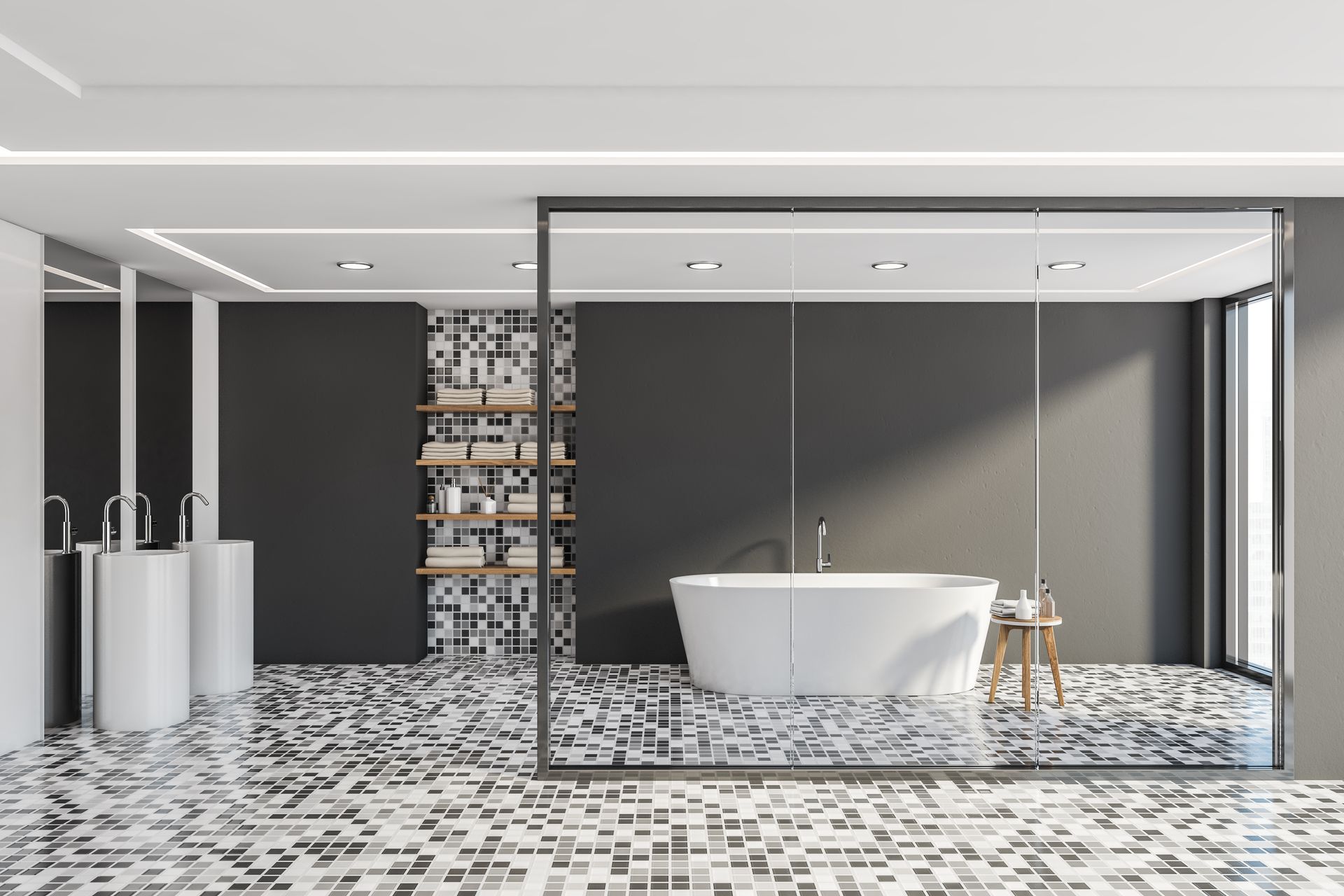 Salle de bains moderne avec mosaïque noire et blanche au sol et aux murs.