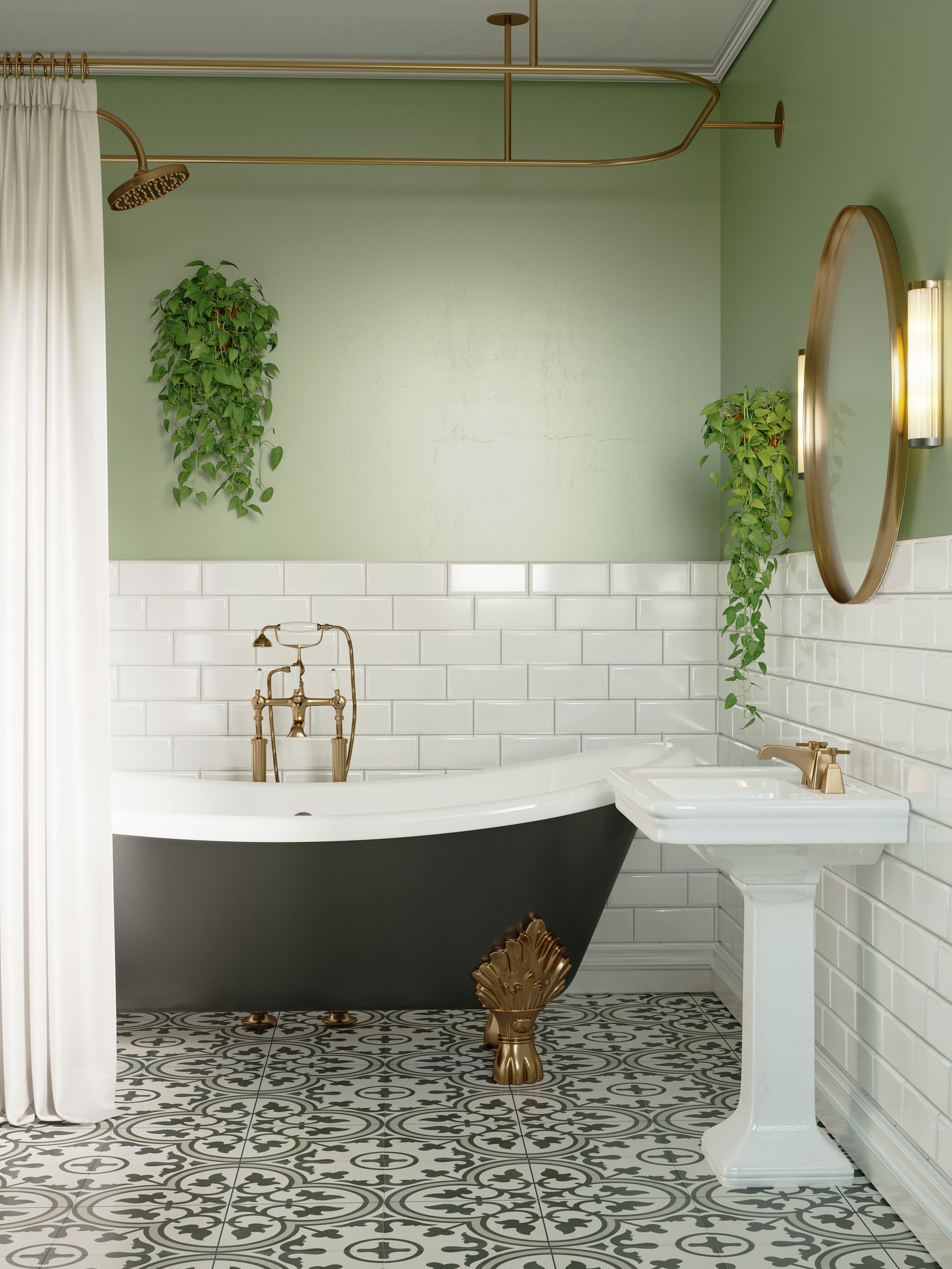 Salle de bains avec une faïence blanche aux murs et un sol carrelé à motifs.