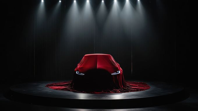Voiture recouverte de tissu rouge sur une scène, projecteurs au-dessus.
