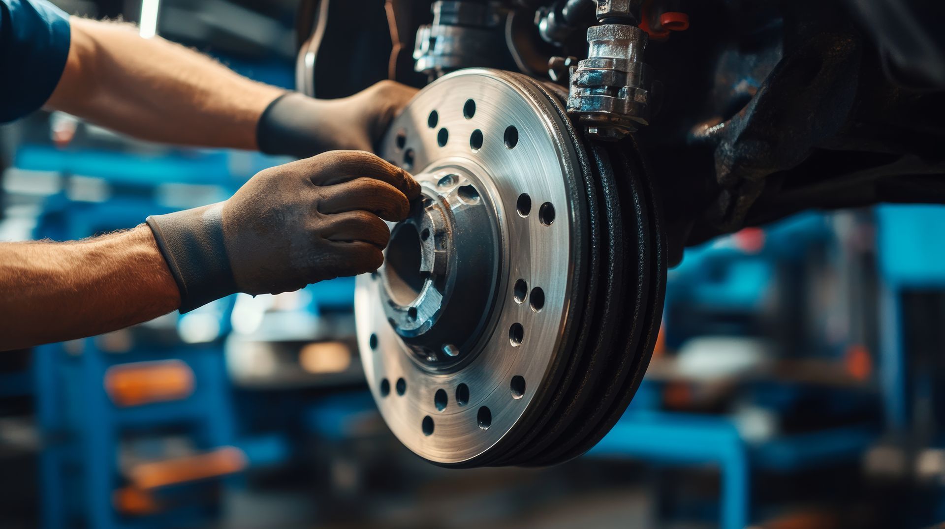 Mécanicien en gants noirs travaillant sur un rotor de frein de voiture dans un atelier.