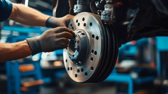 Mécanicien en gants noirs travaillant sur un rotor de frein de voiture dans un atelier.