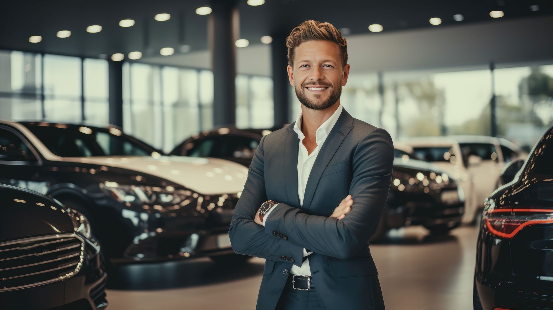 Un homme en costume sourit, les bras croisés, dans une salle d'exposition automobile, entouré de véhicules.