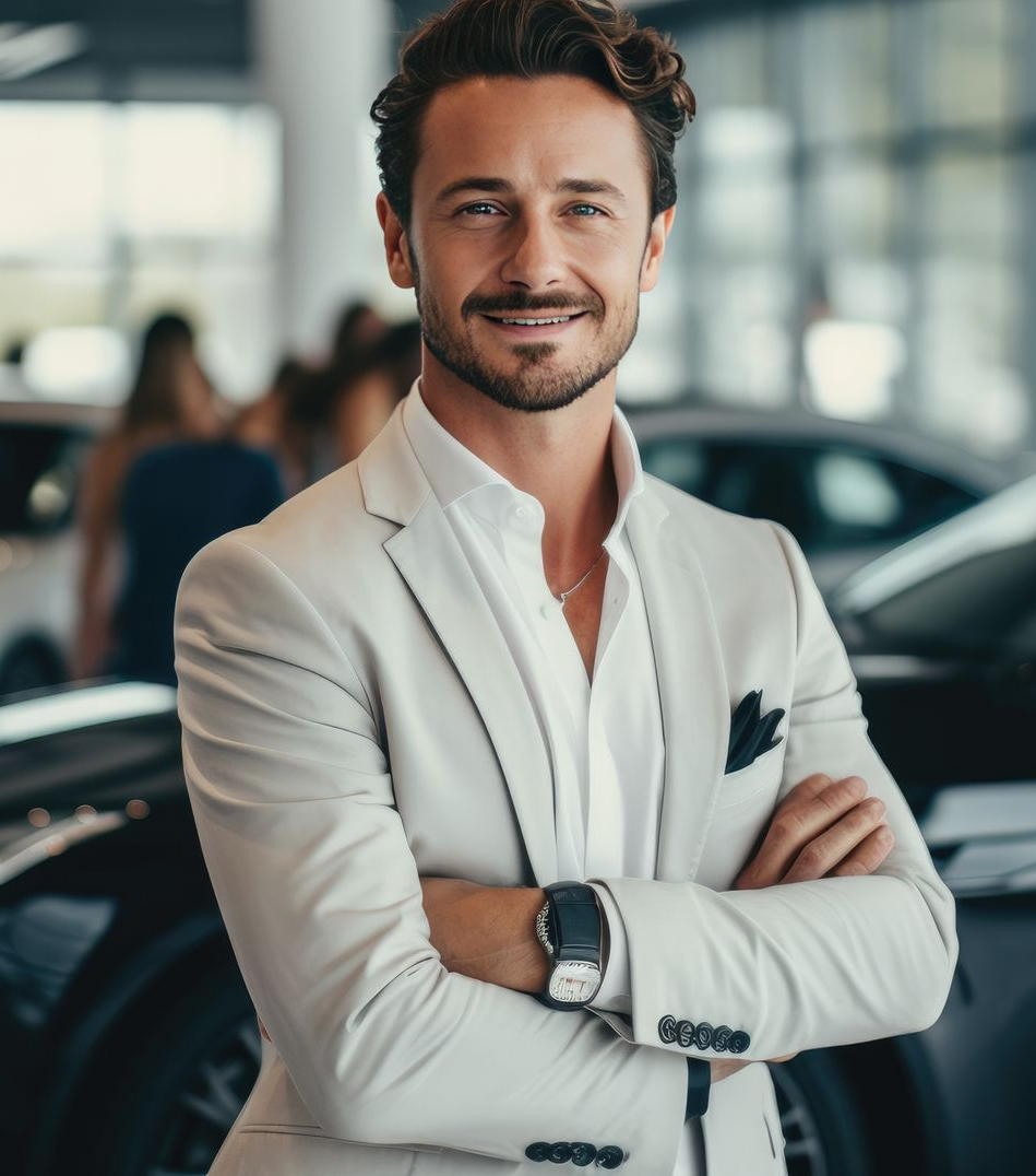 Homme en blazer léger, bras croisés, souriant dans une salle d'exposition automobile.