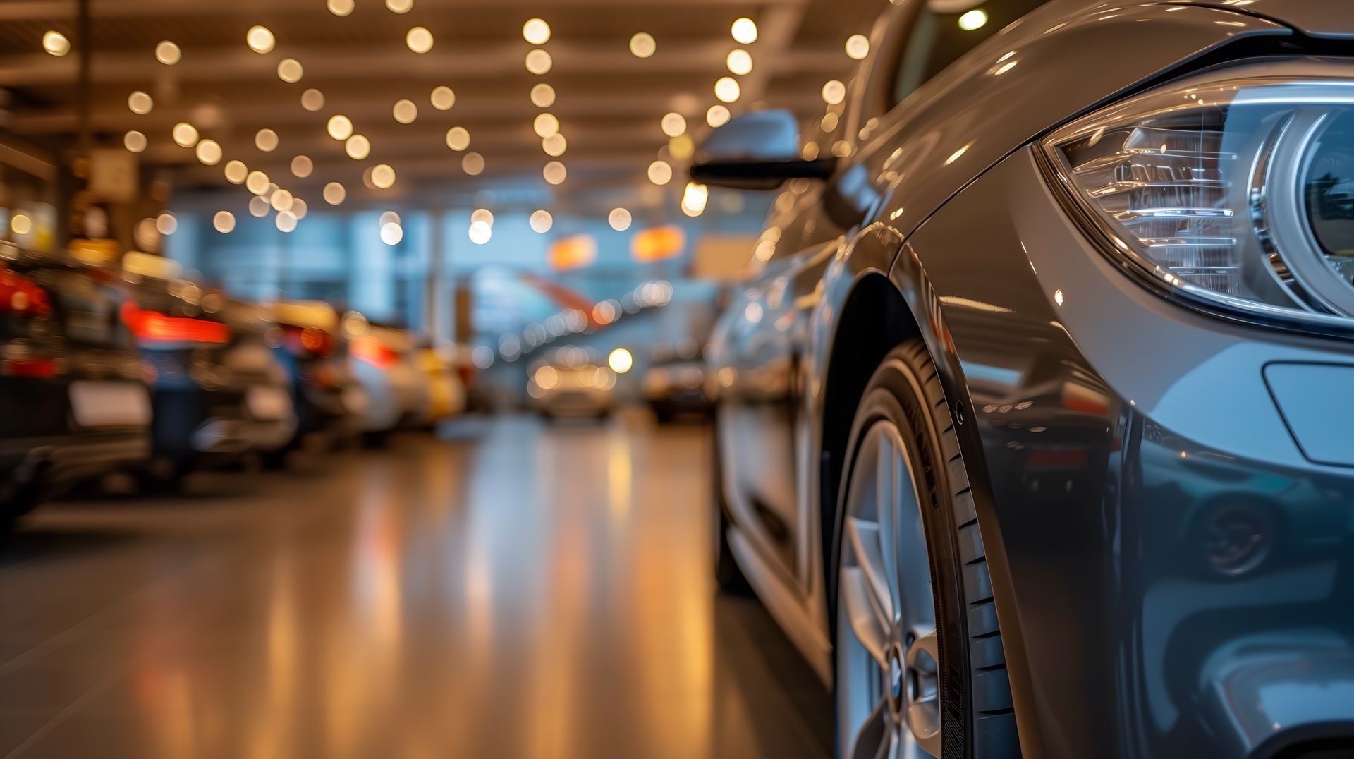 Voiture grise dans la salle d'exposition d'un concessionnaire automobile avec d'autres voitures en arrière-plan et un éclairage doux au plafond.