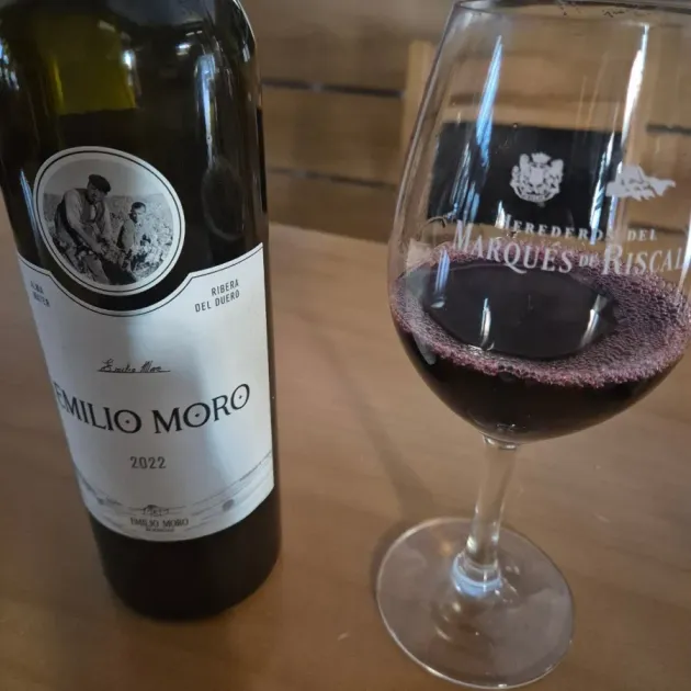 Una botella de vino tinto y una copa de vino llena sobre una mesa de madera.