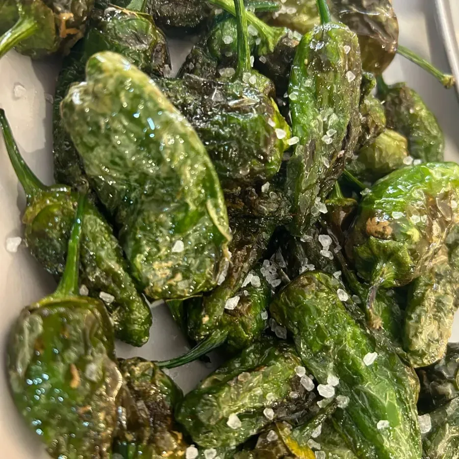 Primer plano de pimientos shishito verdes chamuscados y espolvoreados con sal gruesa en un plato.