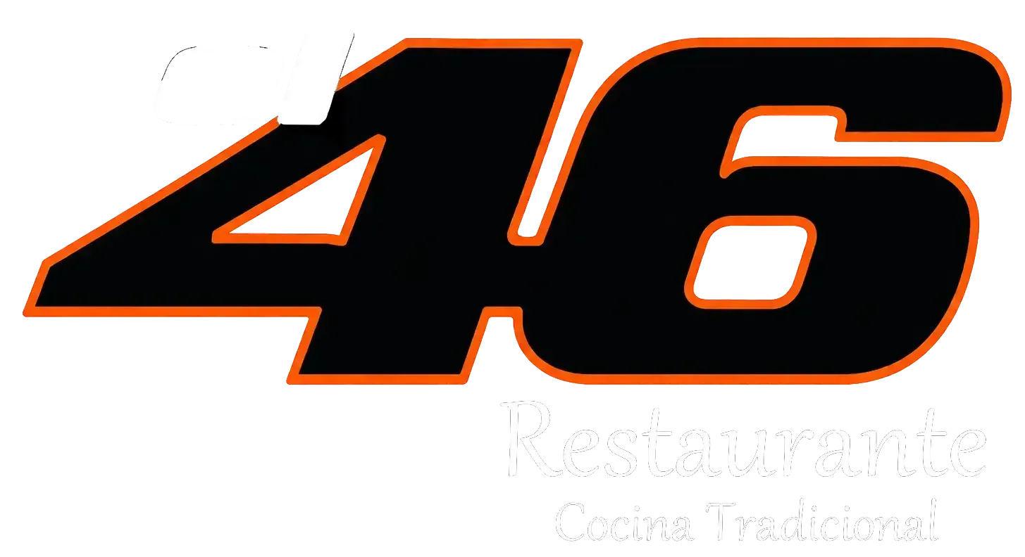 Logotipo estilizado negro con el n&uacute;mero &ldquo;46&rdquo;, contorno naranja y texto blanco tenue que dice &ldquo;Restaurante Cocina Tradicional&rdquo;.