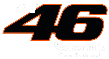Logotipo estilizado negro con el n&uacute;mero &ldquo;46&rdquo;, contorno naranja y texto blanco tenue que dice &ldquo;Restaurante Cocina Tradicional&rdquo;.