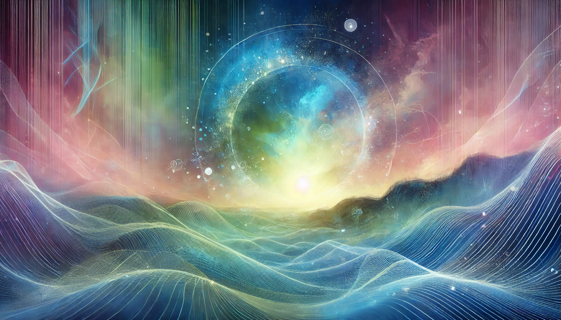 Fond numérique abstrait avec des motifs lumineux tourbillonnants.