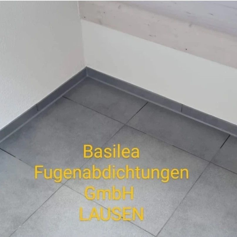 Eine Zimmerecke mit dem Schriftzug „Basilea Fugenabdichtungen GmbH Lausen“ auf dem Boden
