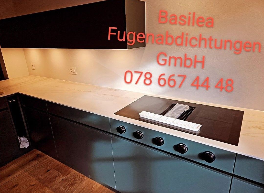 Eine Küche mit blauen Schränken und einem Herd mit Backofen