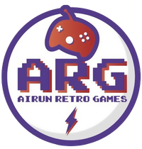 Un logotipo para los juegos retro de Airun con un controlador de juego y un rayo.
