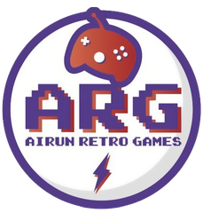 Un logotipo para los juegos retro de Airun con un controlador de juego y un rayo.