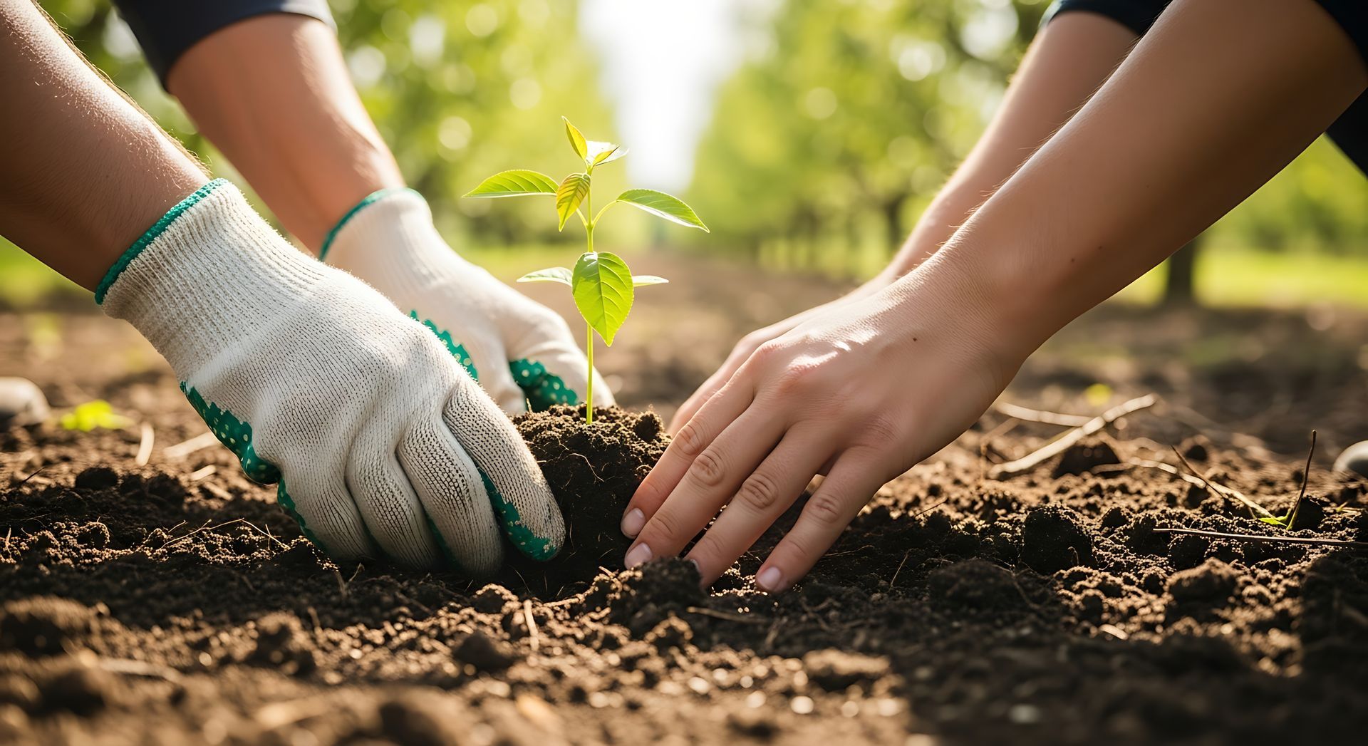 Deux personnes plantant un semis dans un sol riche, entourées d'un champ d'arbres en arrière-plan.