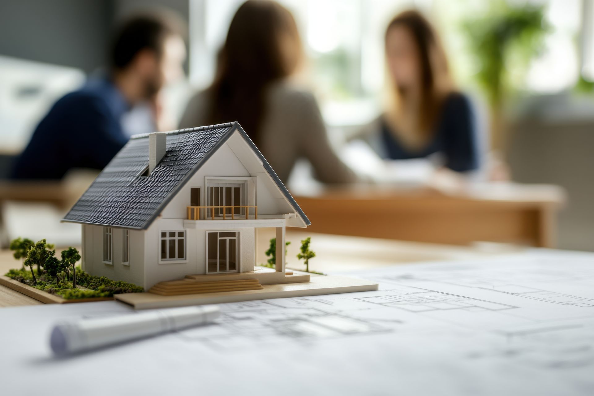 Présentation d'audit énergétique à un couple avec une maquette de maison en premier plan