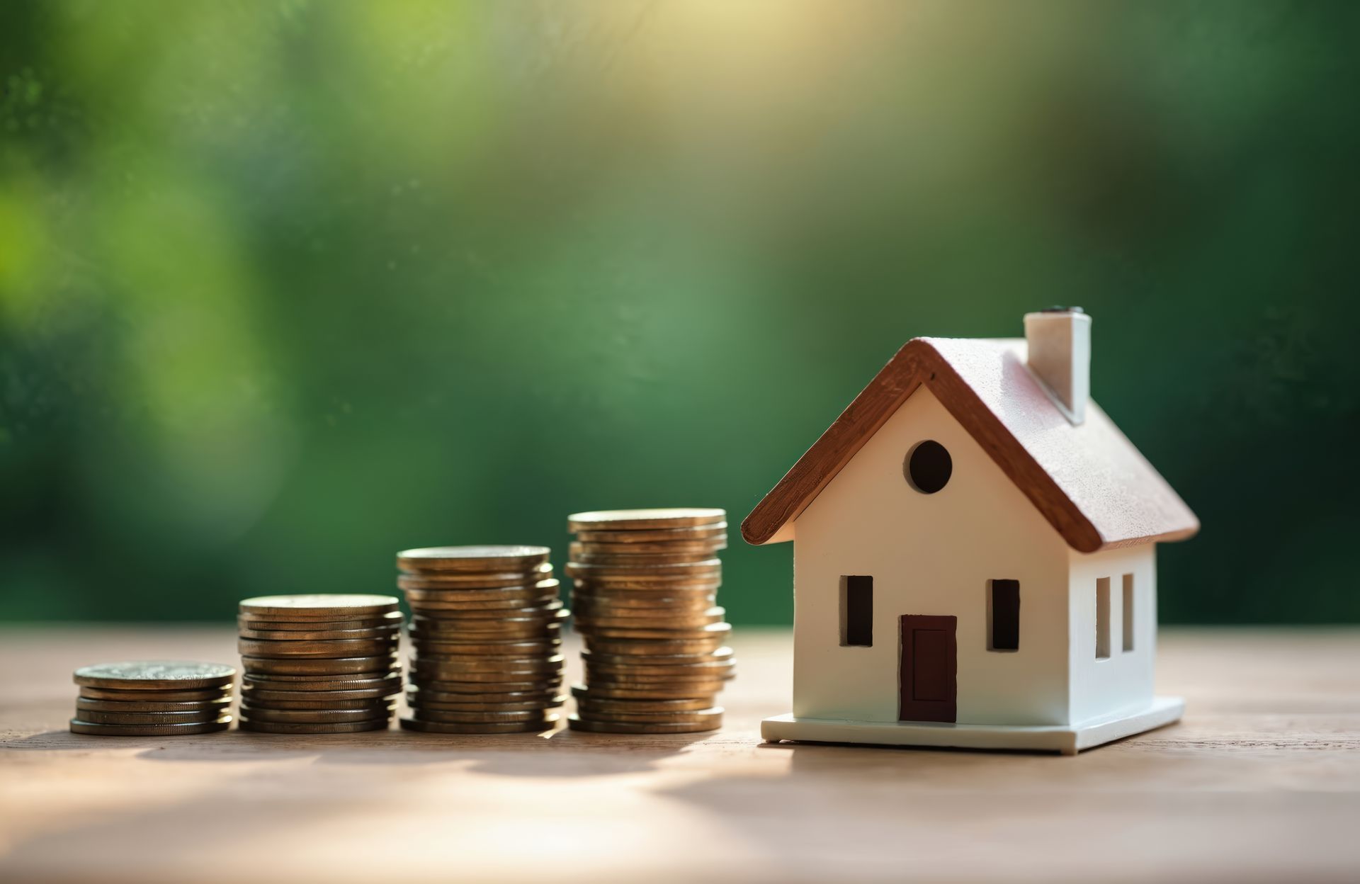 Miniature de maison avec piles de pièces de monnaie