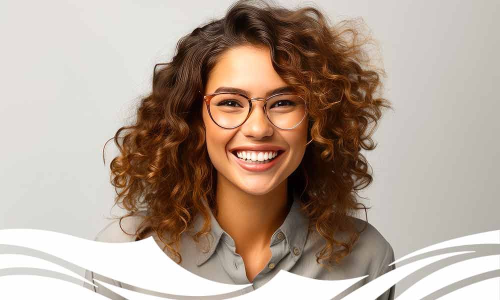 Eine Frau mit lockigem Haar und Brille lächelt .
