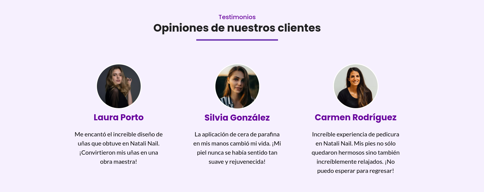 Testimonios de clientes con fotografías, nombres y citas sobre un fondo morado.