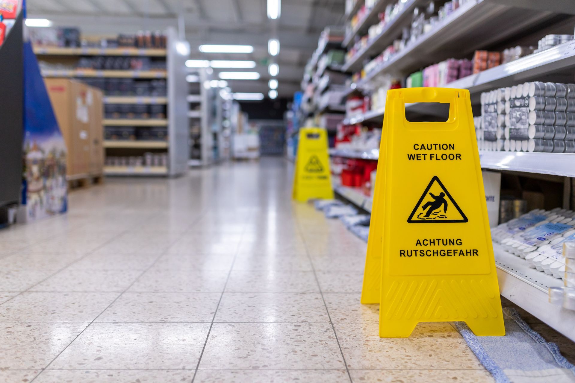 Panneau jaune dans une allée de magasin, signalant un sol glissant.