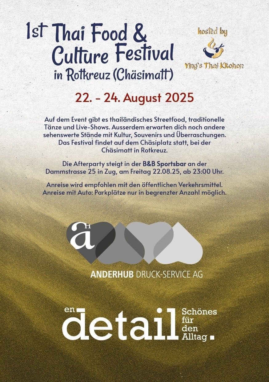Plakat für das 1. Thai Food & Culture Festival in Rotkreuz, 22.–24. August 2025. Mit Herzformen und Logo.