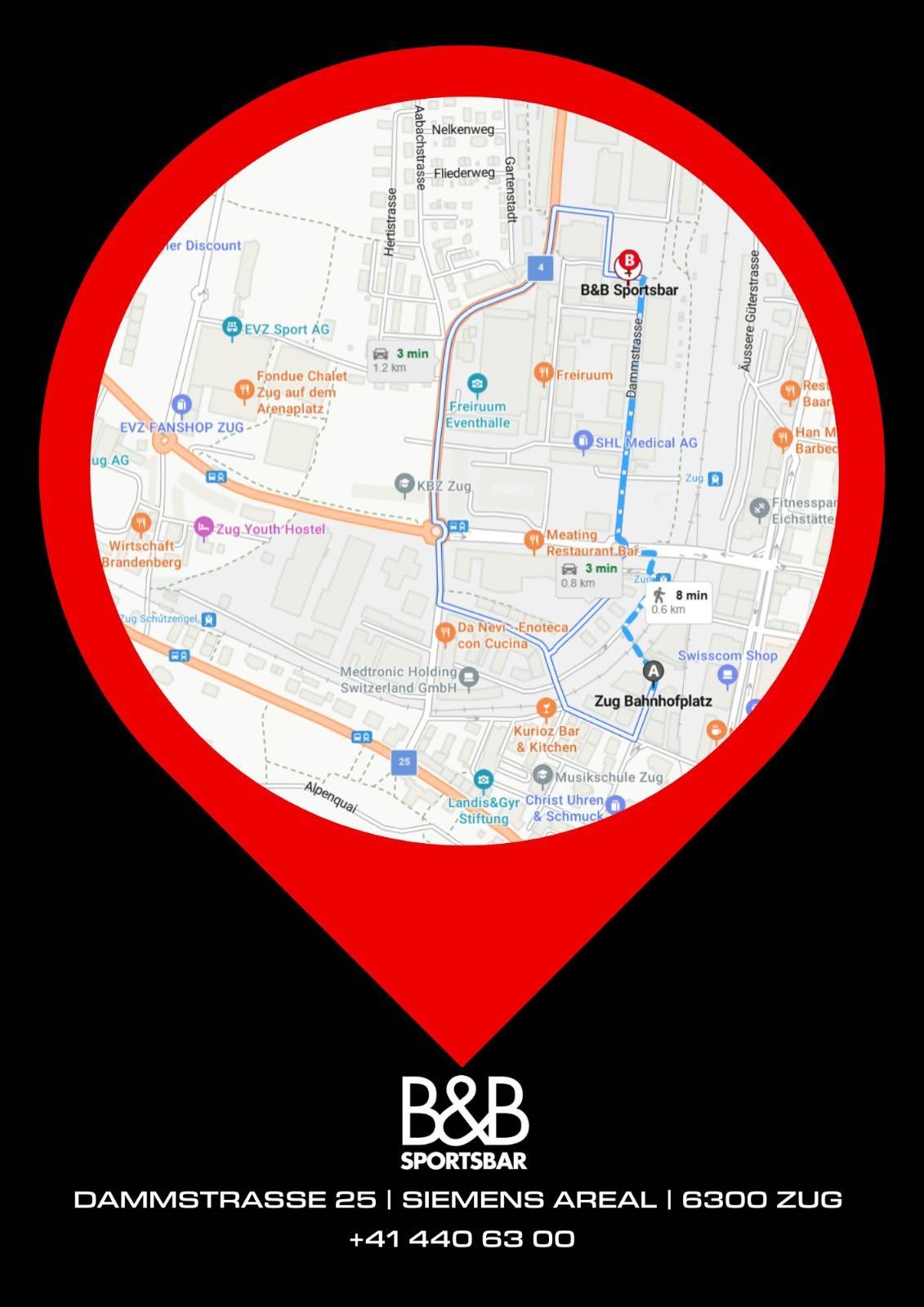 Rote Kartenmarkierung zeigt auf B&B Sportbox in Zug, Schweiz. Schwarzer Hintergrund.