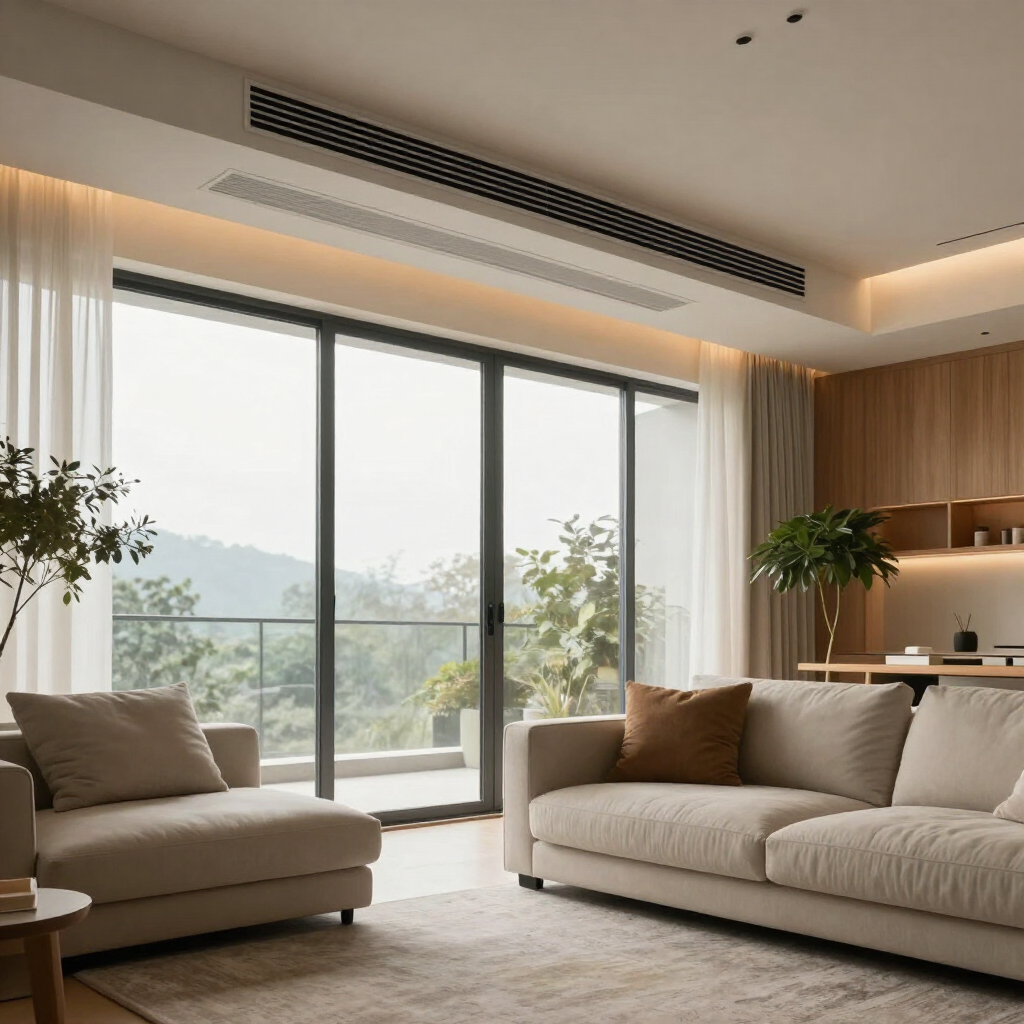 Sala de estar moderna en tonos beige, con grandes puertas corredizas de vidrio, sofá seccional, sillón