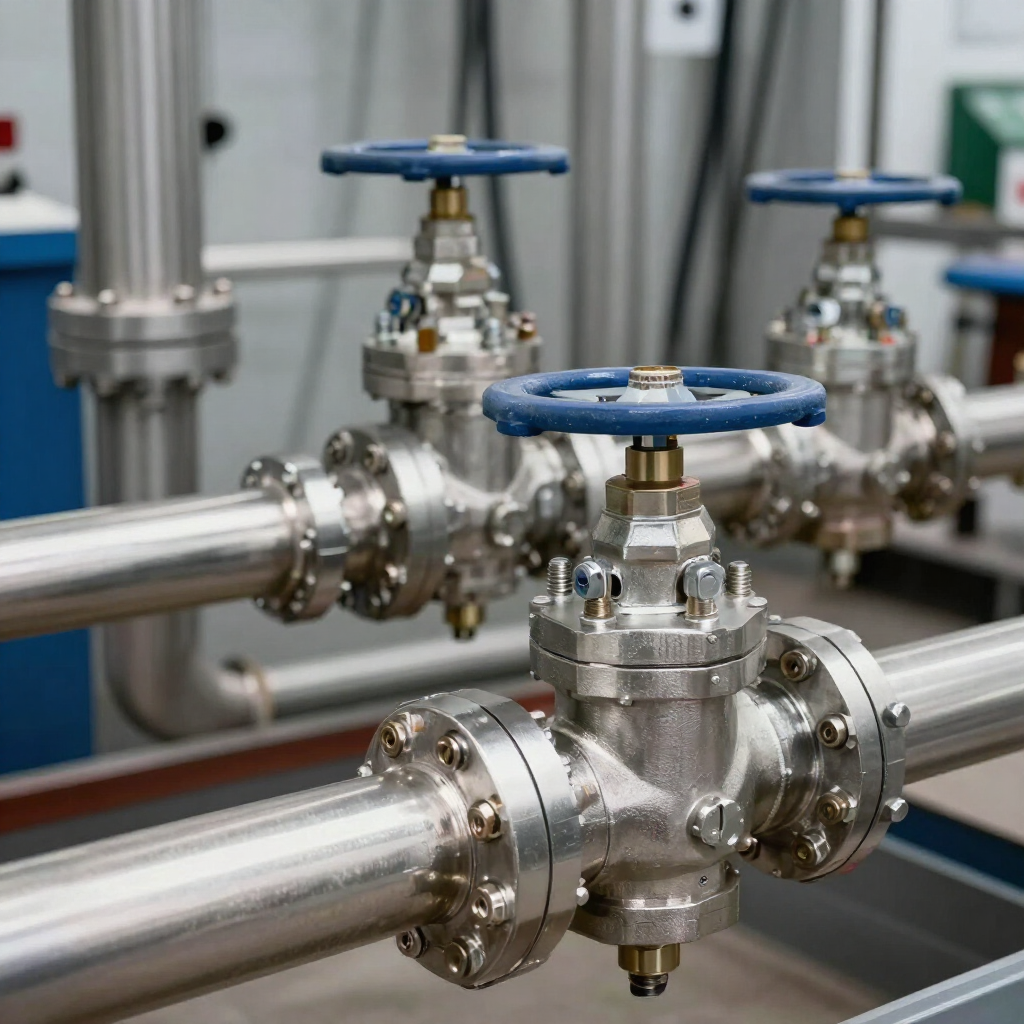 Tuberías industriales de acero inoxidable con volantes de válvula azules en una sala de máquinas