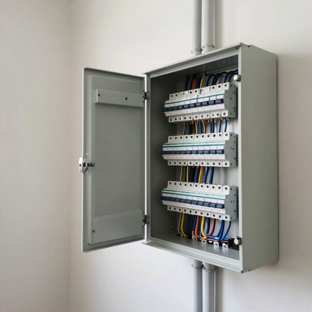 Cuadro eléctrico abierto con disyuntores y cables de colores montado en una pared