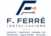 Logotipo de F. Ferré Instal·lacions con una “F” estilizada en azul y naranja y las categorías de servicios debajo