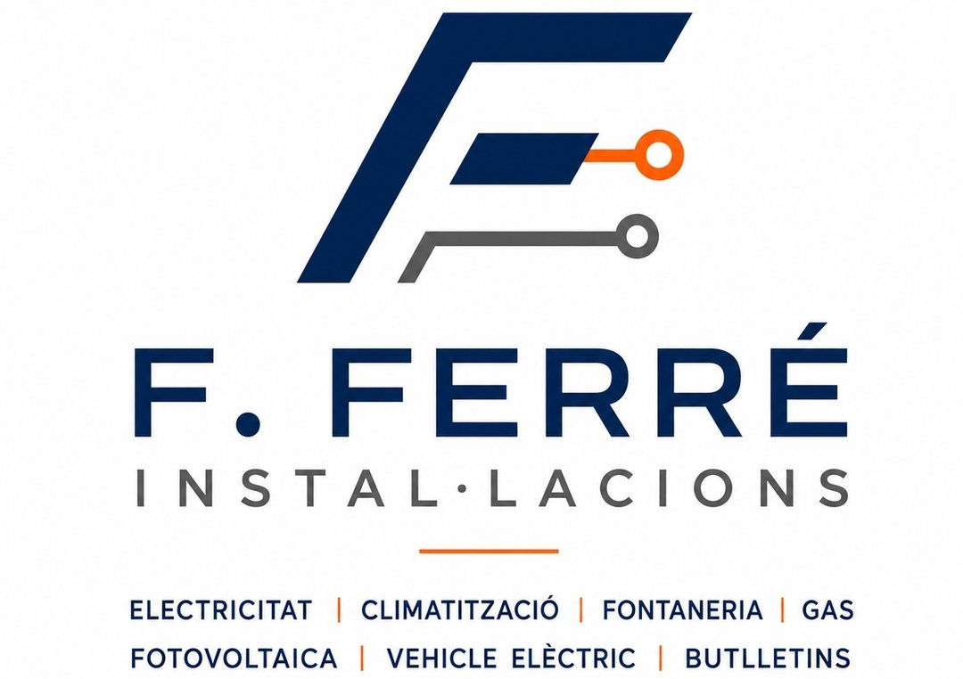 Logotipo de F. Ferr&eacute; Instal&middot;lacions con una &ldquo;F&rdquo; estilizada en azul y naranja y las categor&iacute;as de servicios debajo