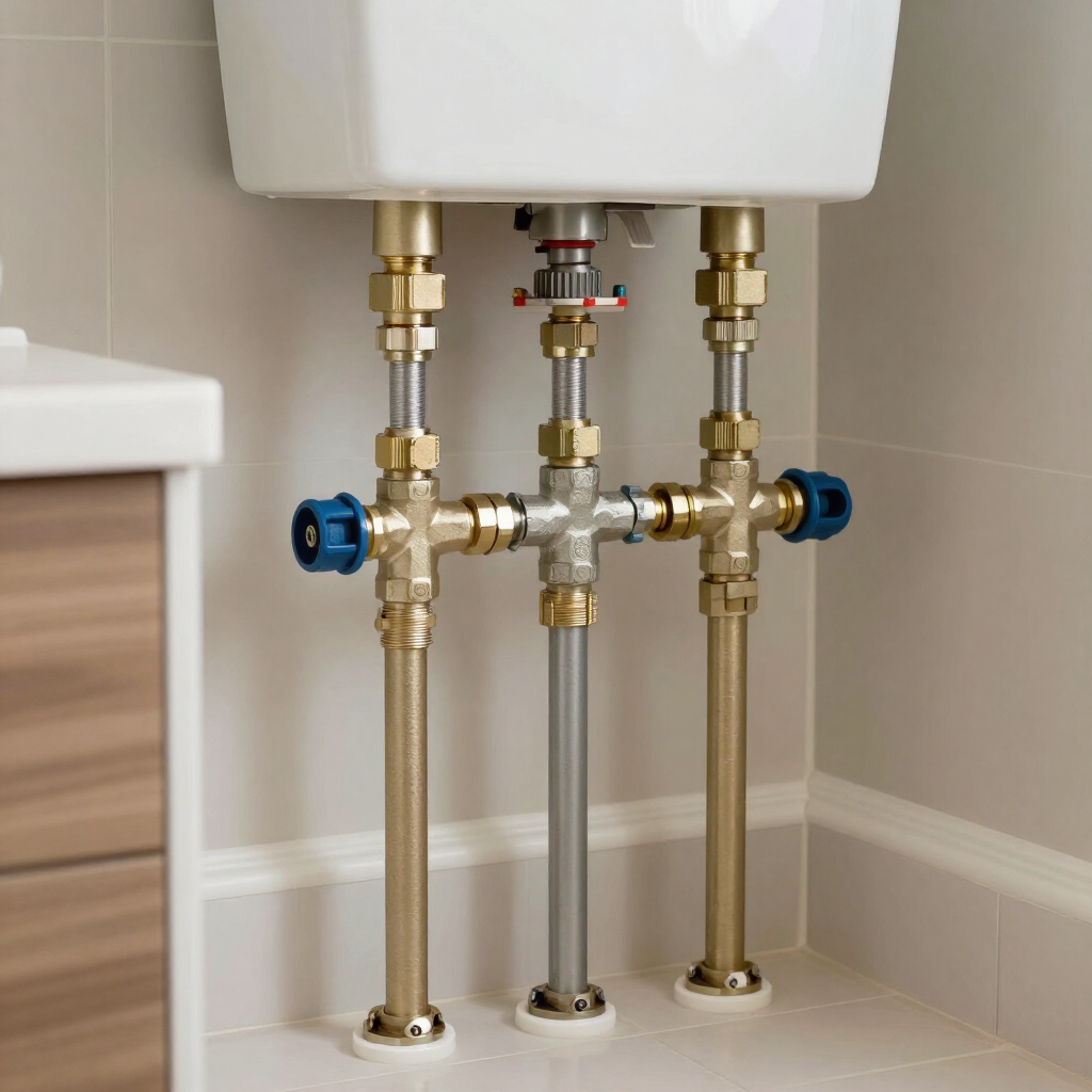 Tuberías de latón y llaves de paso azules debajo de un lavabo blanco