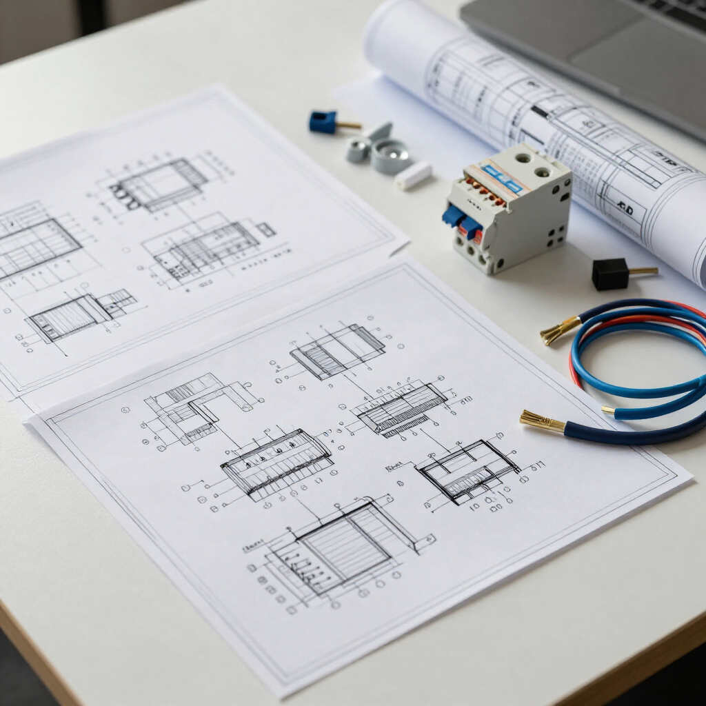 Esquemas eléctricos sobre un escritorio junto a un pequeño disyuntor, herramientas y cables