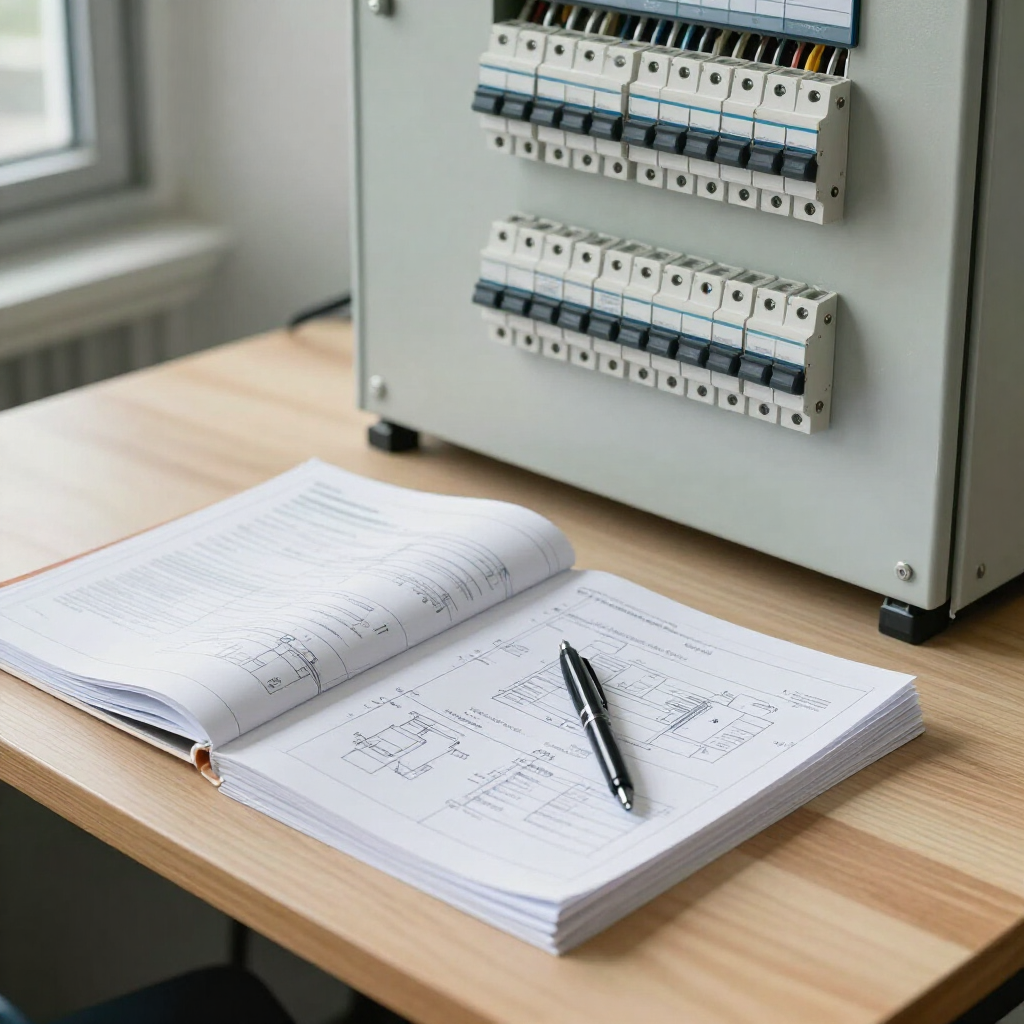 Cuaderno y bolígrafo sobre un escritorio junto a un cuadro eléctrico con notas escritas a mano