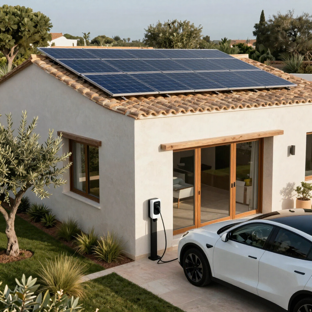 Paneles solares en una pequeña casa blanca, con un cargador para vehículos eléctricos y un coche blanco aparcado fuera.