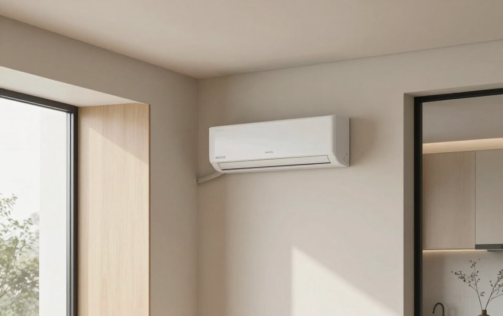 Interior minimalista con un aire acondicionado montado en la pared sobre una ventana luminosa y una puerta