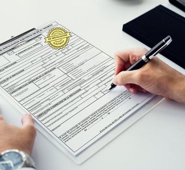 Manos rellenando un formulario en papel sobre una tabla con sujetapapeles, con un bolígrafo junto a un teléfono inteligente