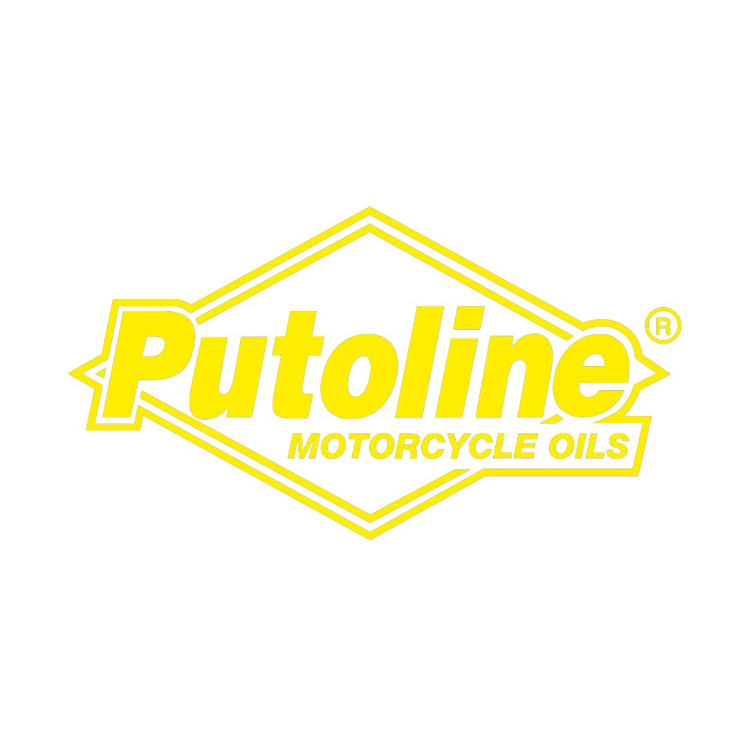 Logotipo de aceites de motocicleta Putoline amarillo sobre fondo blanco.