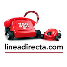 Teléfono rojo y ratón sobre ruedas, logo Linea Directa.