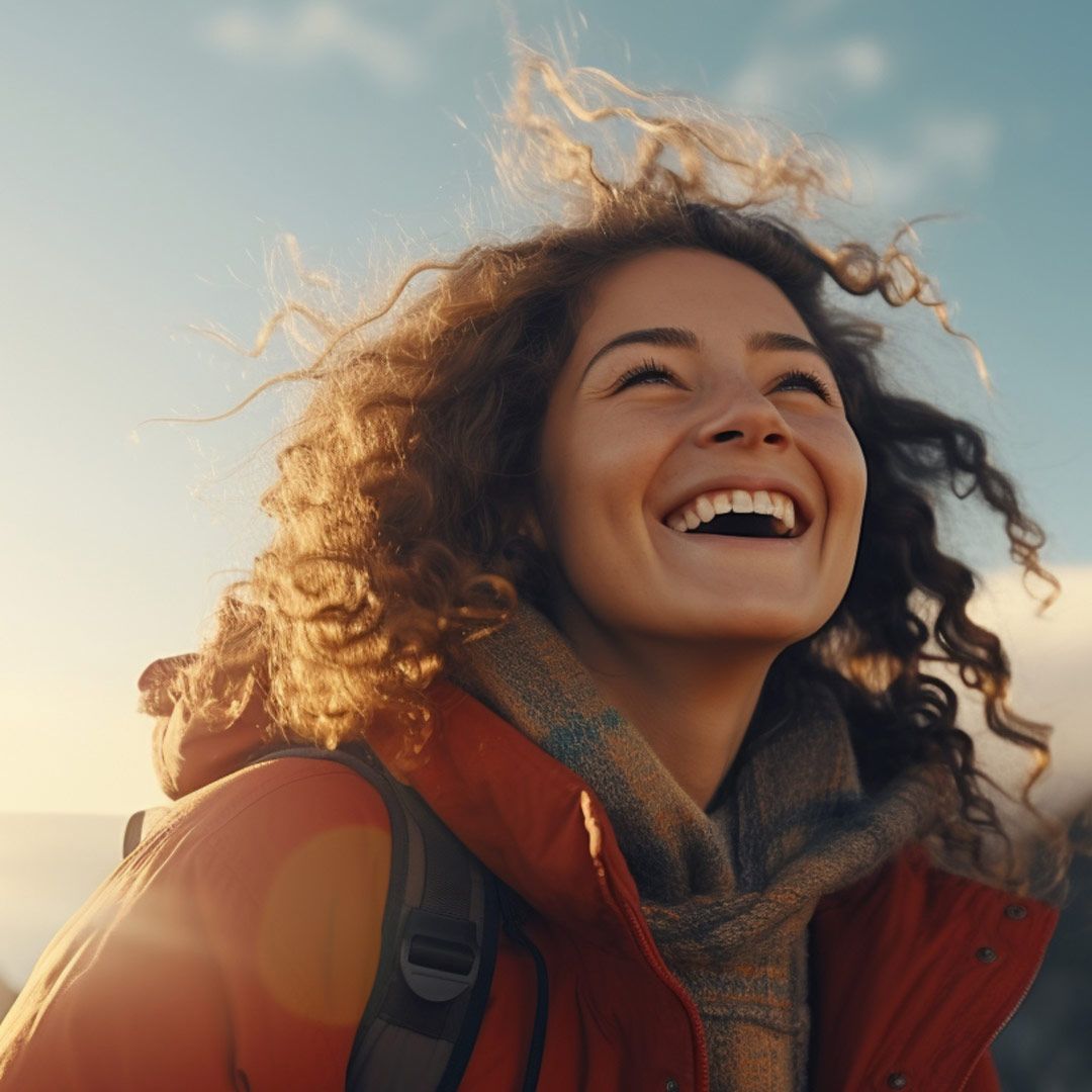 Una mujer con una chaqueta roja sonríe con su cabello ondeando al viento.