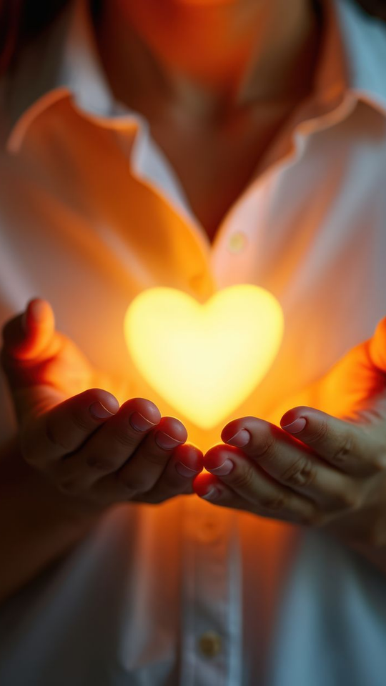 Des mains tenant un cœur doré et brillant