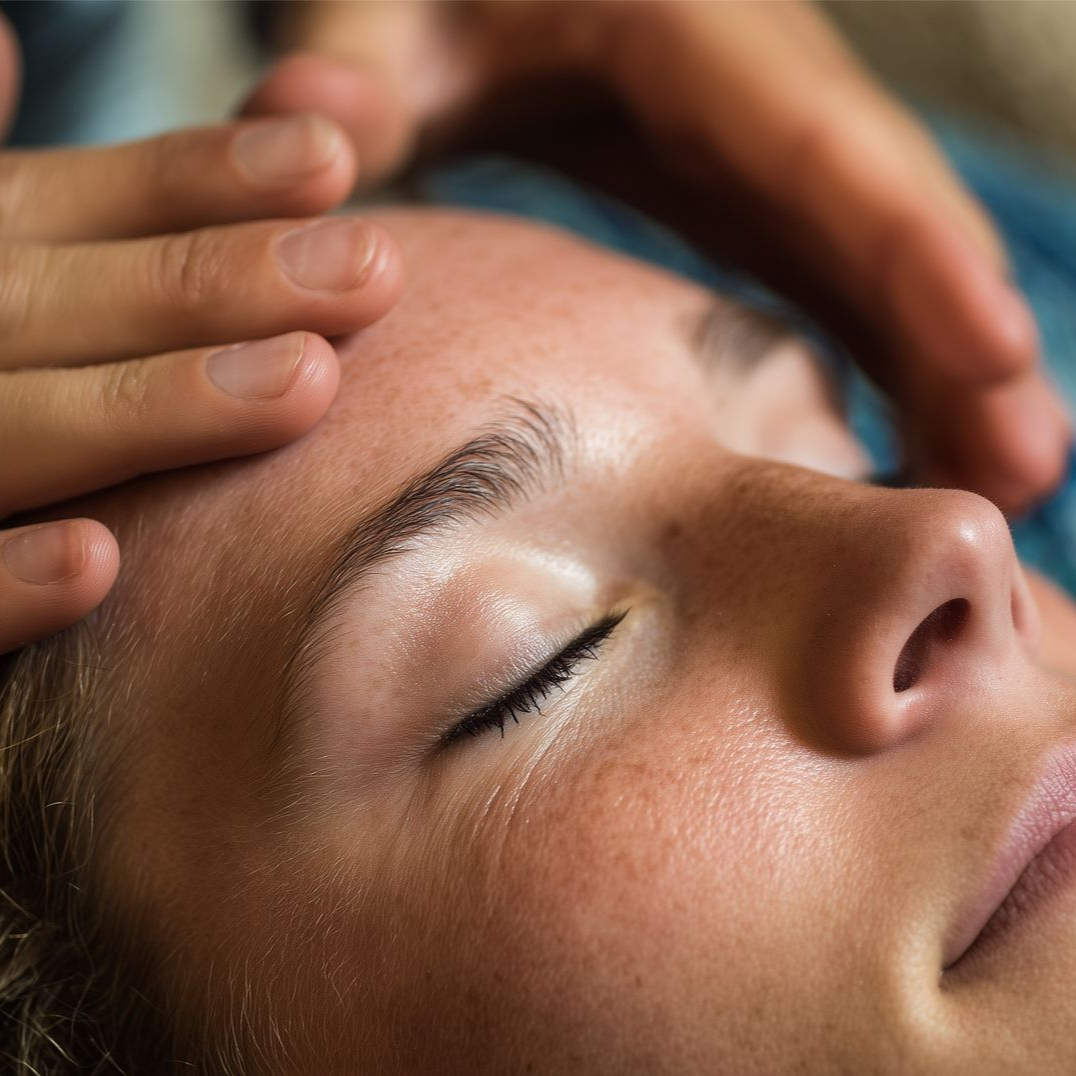 Le visage d'une personne avec les yeux fermés, touché par des mains sur le front