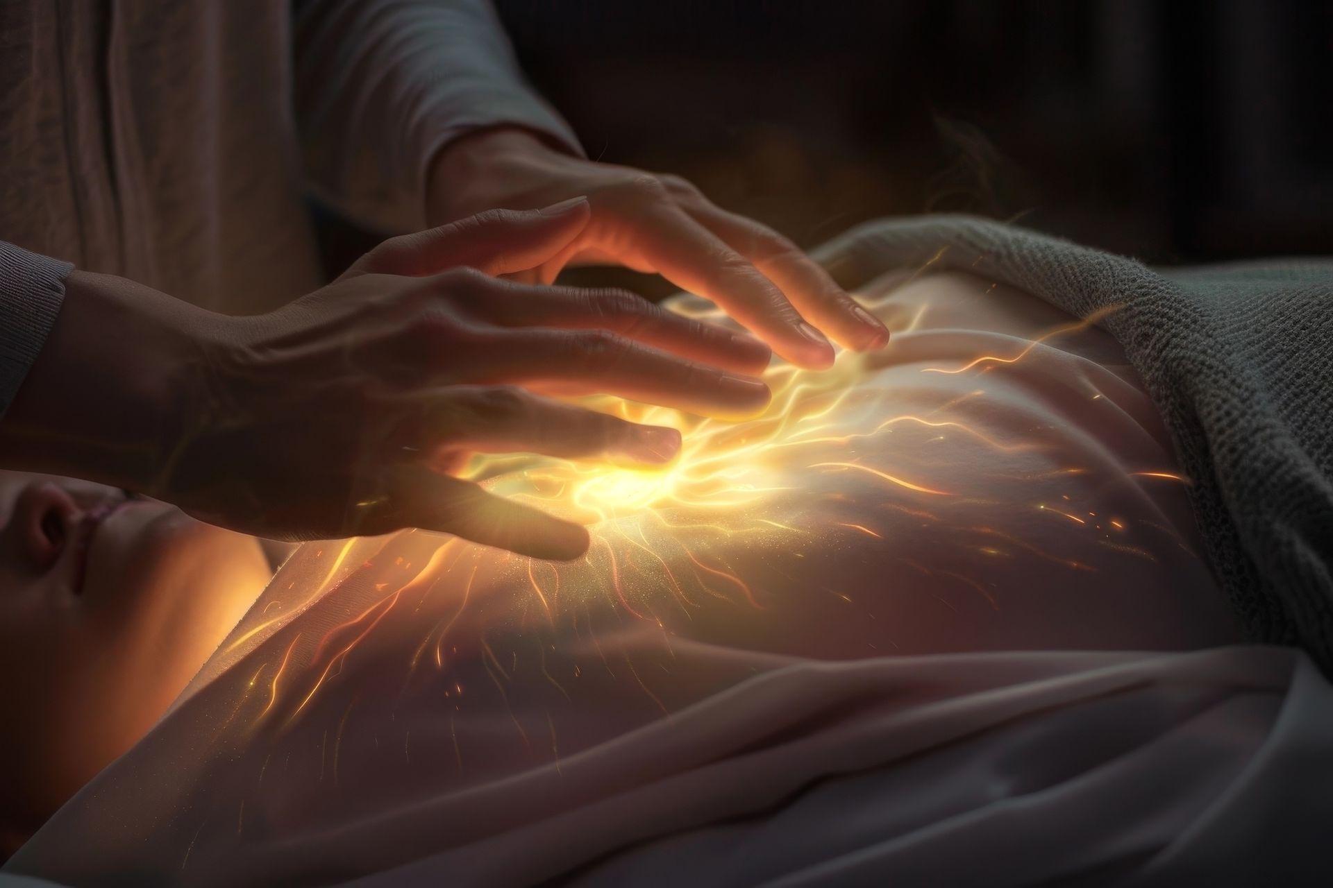 Des mains émettant une lumière dorée sur la poitrine d'une personne