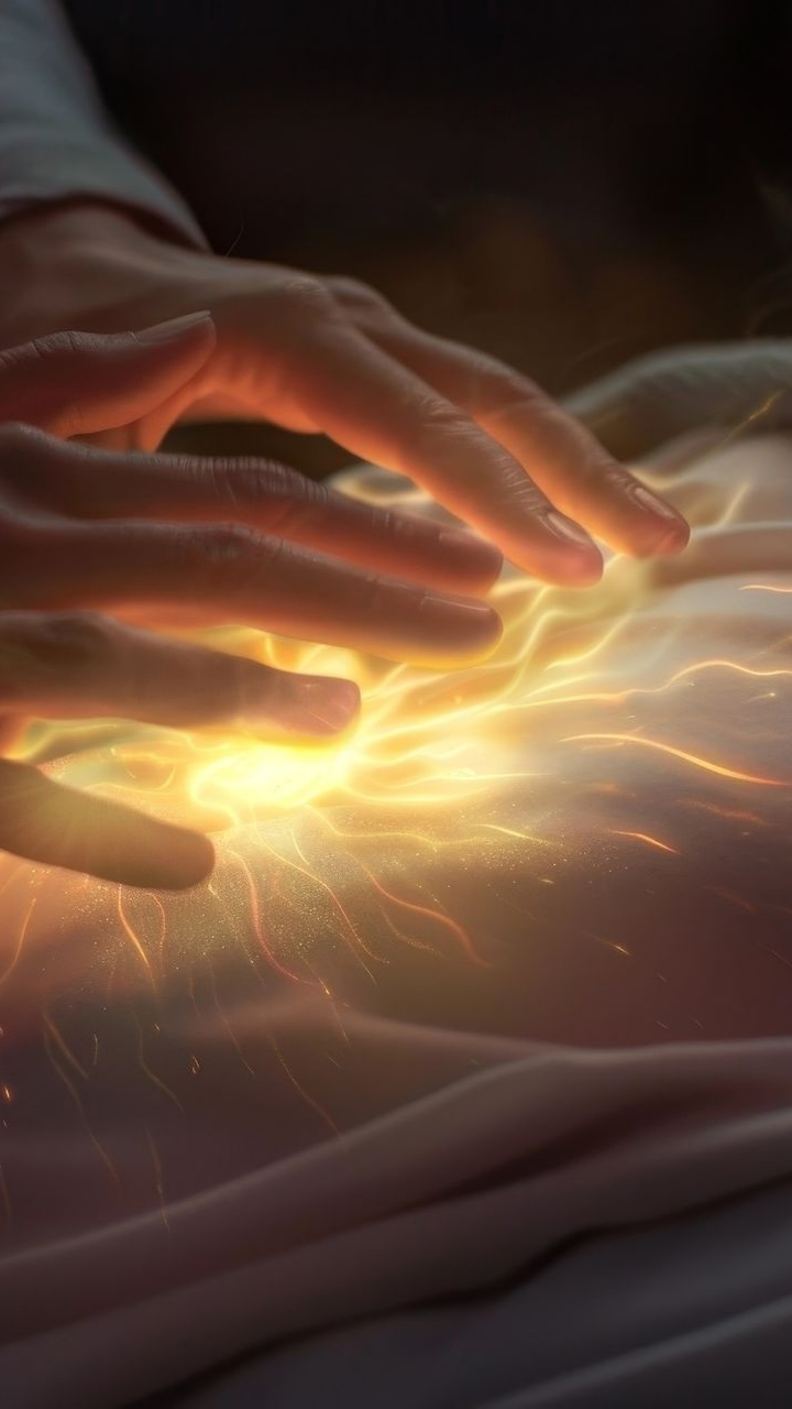 Des mains rayonnant d'une énergie dorée en les posant sur le dos d'une personne