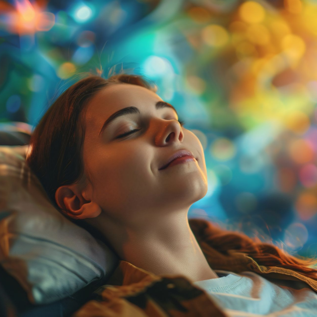 Une femme aux yeux fermés sourit, la tête posée sur un oreiller, devant des lumières colorées