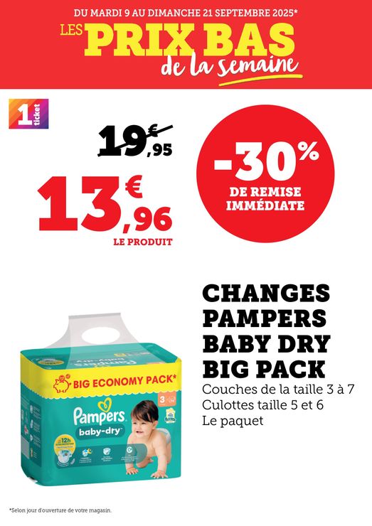 Du mardi 09 au dimanche 21 septembre 2025 : les prix bas de la semaine. Changes Pampers Baby Dry Big Pack, couches de la taille 3 à 7, culottes tailles 5 et 6, le paquet à 13,96€ au lieu de 19,95€, soit -30% de remise immédiate.
