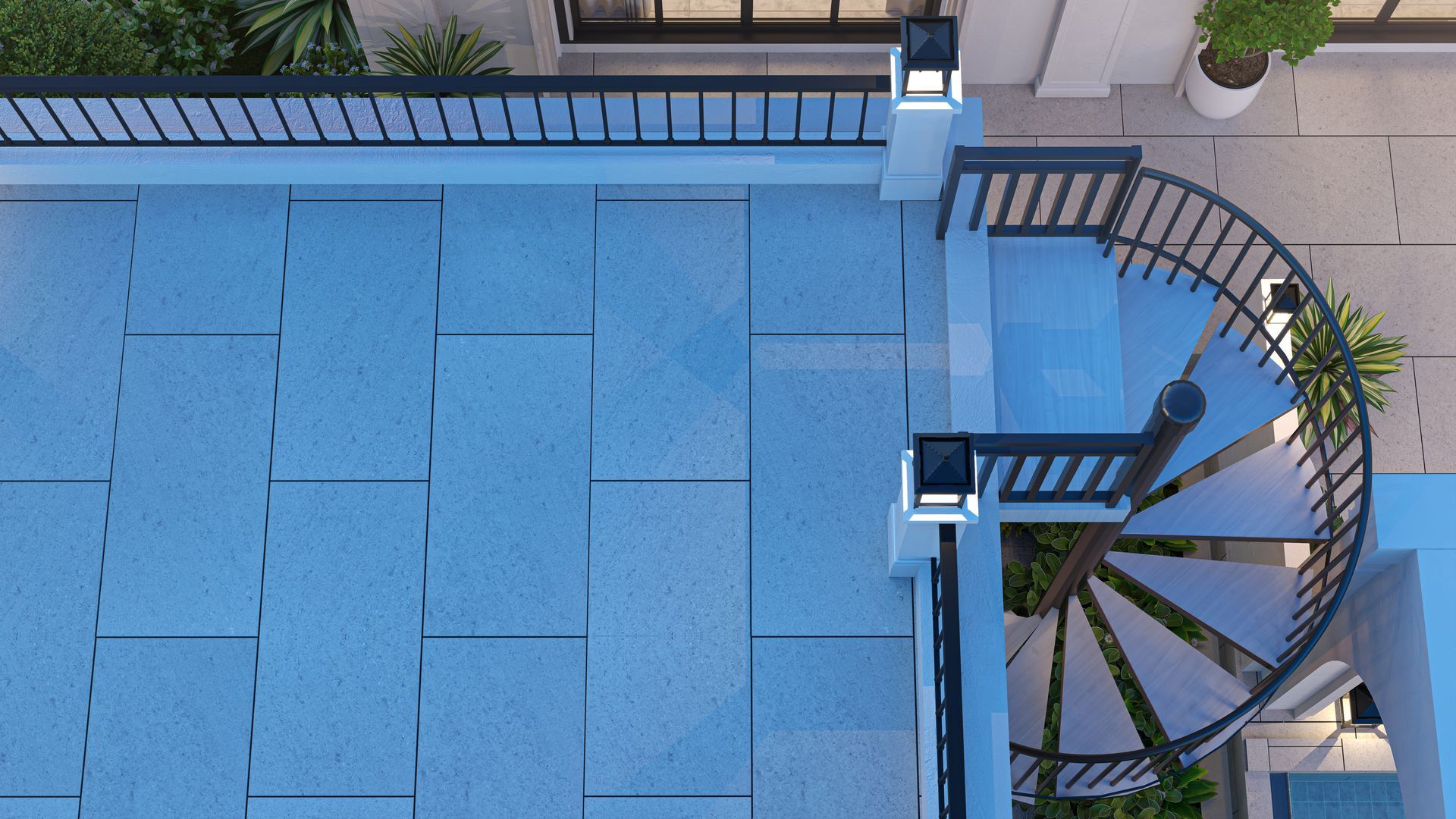 Terrasse bleue sur le toit avec un escalier en colimaçon et une rambarde à côté de plantes en pot