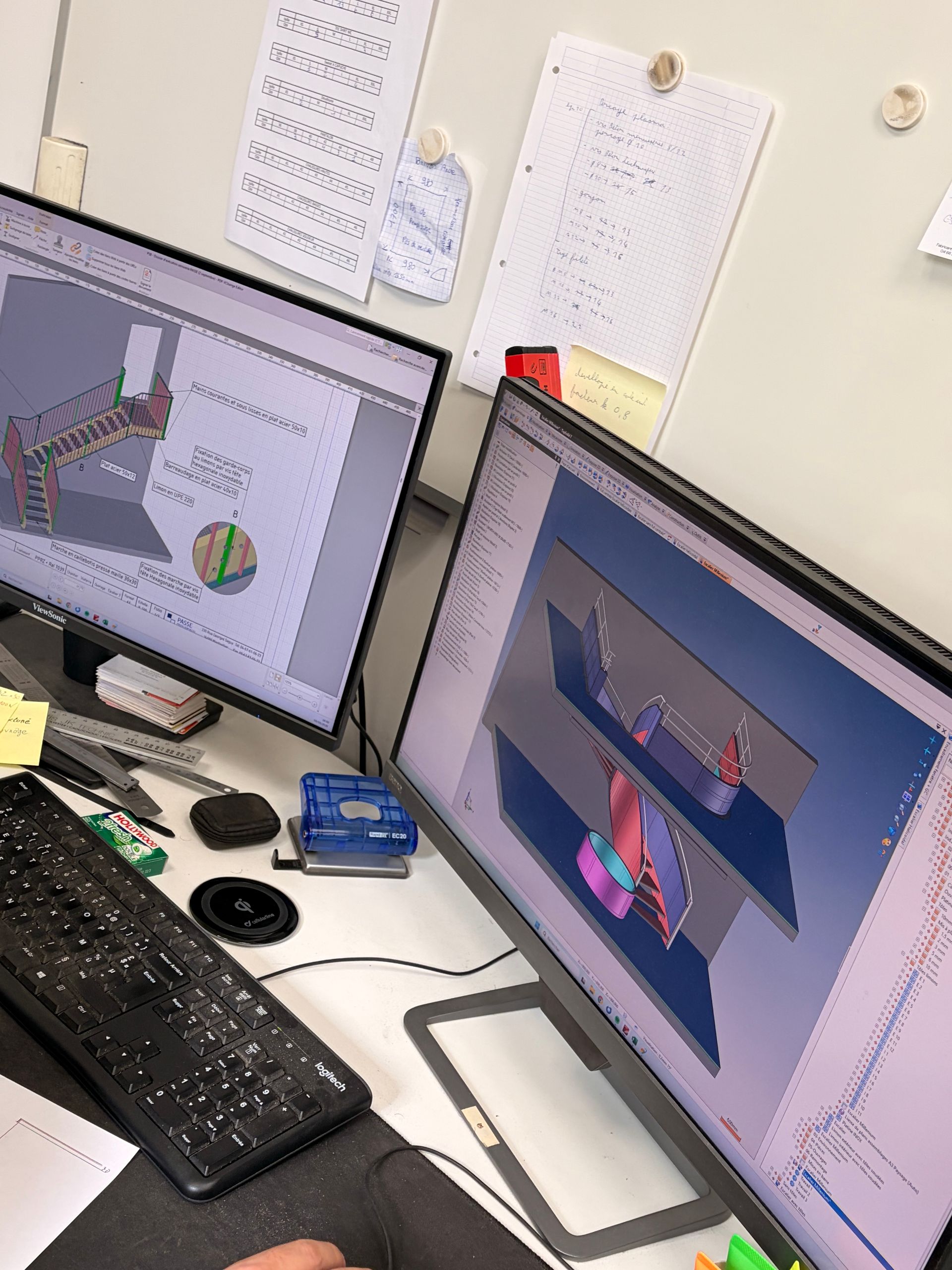 Deux écrans d'ordinateur juxtaposés affichant un logiciel de modélisation 3D