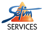 Logo de Setim Services : « Setim » en écriture cursive bleue sur un triangle orange, arc bleu, « SERVICES » en noir.